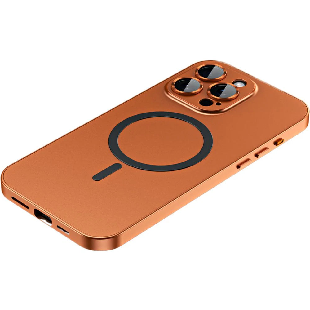 PHAEVOX™ MagCase Metal — Aluminum Frame + PC Back MagSafe iPhone Case | Silver & Orange | iPhone 12–17