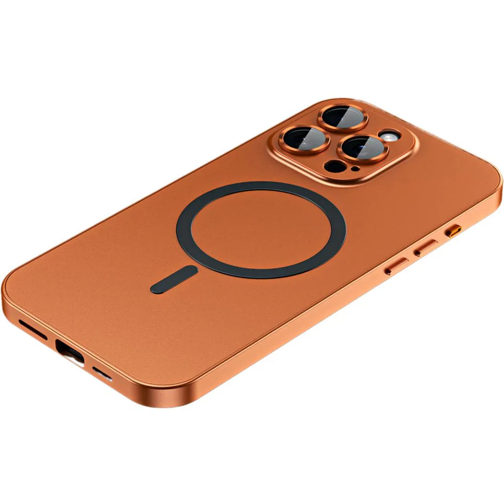 PHAEVOX™ MagCase Metal Pro — Aluminum Frame + PC Back MagSafe iPhone Case | Silver & Orange | iPhone 12–17