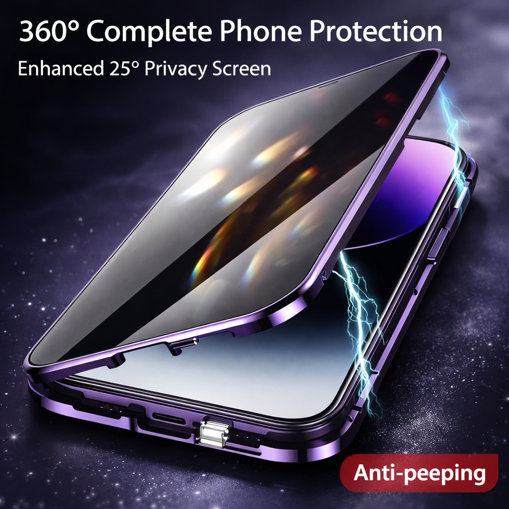 PHAEVOX™ PrivacyShield Case — Anti-Peep Double-Sided Glass iPhone Case with Metal Frame | iPhone 13–15