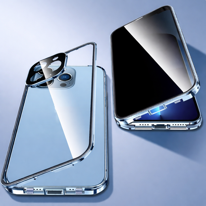 PHAEVOX™ PrivacyShield Case — Anti-Peep Double-Sided Glass iPhone Case with Metal Frame | iPhone 13–15
