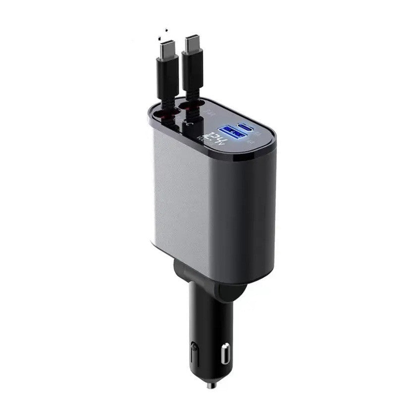 PHAEVOX™ PowerDrive Retract Pro — 86W Retractable Fast Car Charger | Dual Output | Voltage Display