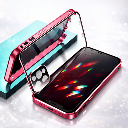 PHAEVOX™ PrivacyShield Case — Anti-Peep Double-Sided Glass iPhone Case with Metal Frame | iPhone 13–15