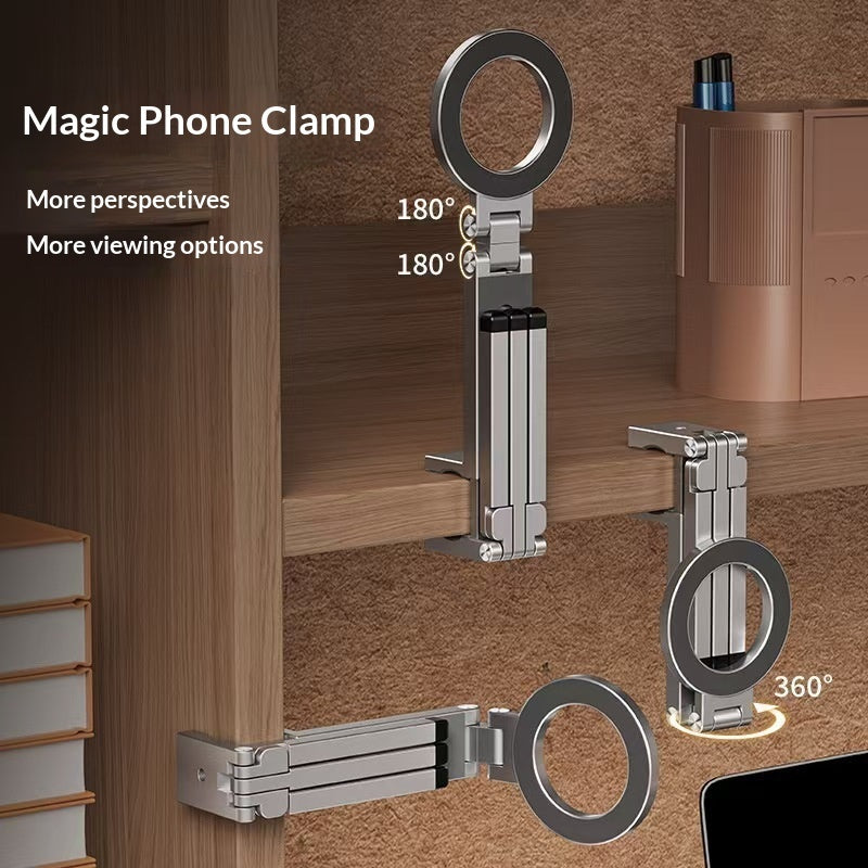 PHAEVOX™ Clip-On Magnetic Phone Holder — Rotating, Foldable, Travel-Ready