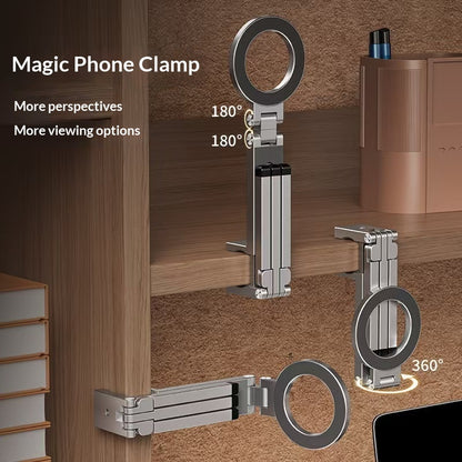 PHAEVOX™ Clip-On Magnetic Phone Holder — Rotating, Foldable, Travel-Ready