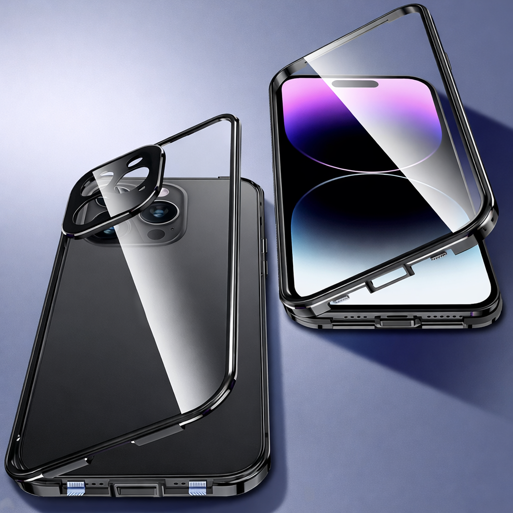 PHAEVOX™ PrivacyShield Case — Anti-Peep Double-Sided Glass iPhone Case with Metal Frame | iPhone 13–15
