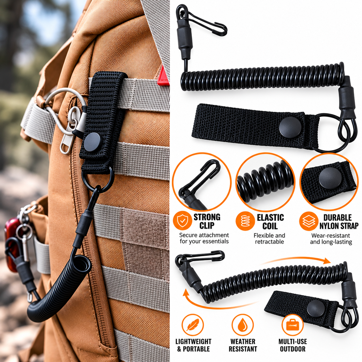 PHAEVOX™ Outdoor Spring Rope Tether — Nylon Waist Accessory | Black