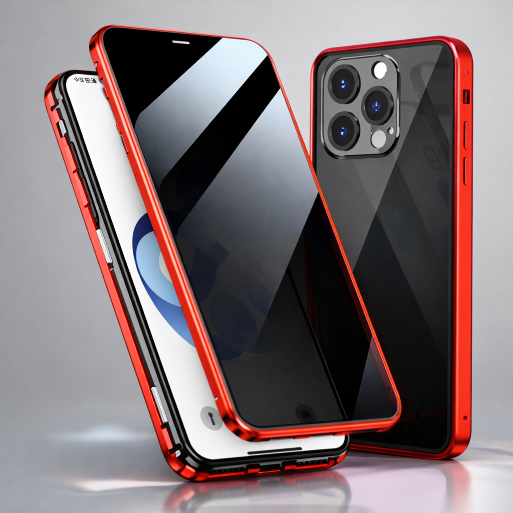 PHAEVOX™ PrivacyShield Case — Anti-Peep Double-Sided Glass iPhone Case with Metal Frame | iPhone 13–15