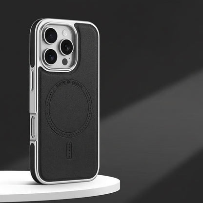 PHAEVOX™ LeatherEdge Mag Case — Electroplated Leather Texture Magnetic iPhone 17 Case