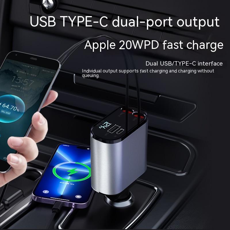PHAEVOX™ PowerDrive Retract Pro — 86W Retractable Fast Car Charger | Dual Output | Voltage Display