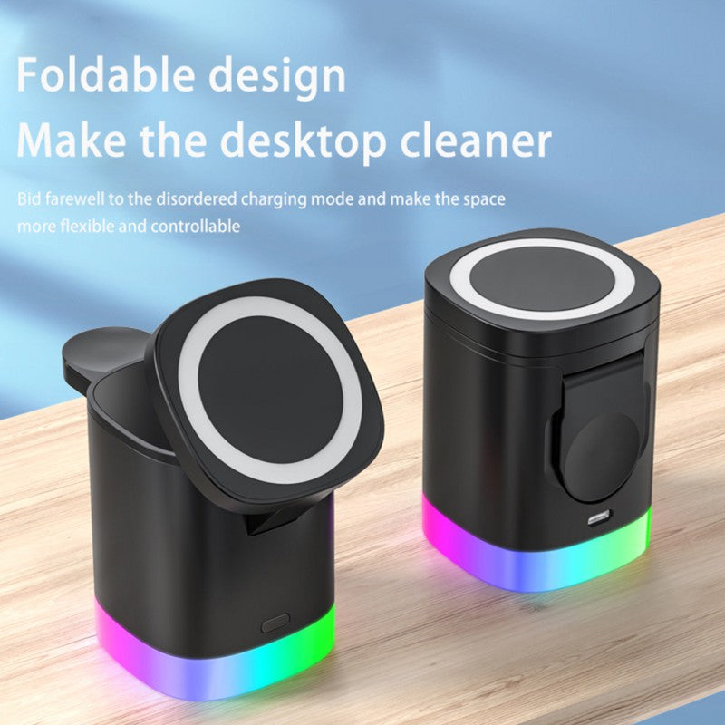 PHAEVOX™ ChargeHub RGB — 3-in-1 Foldable Wireless Charging Station with RGB Light | Phone, Watch & Earbuds