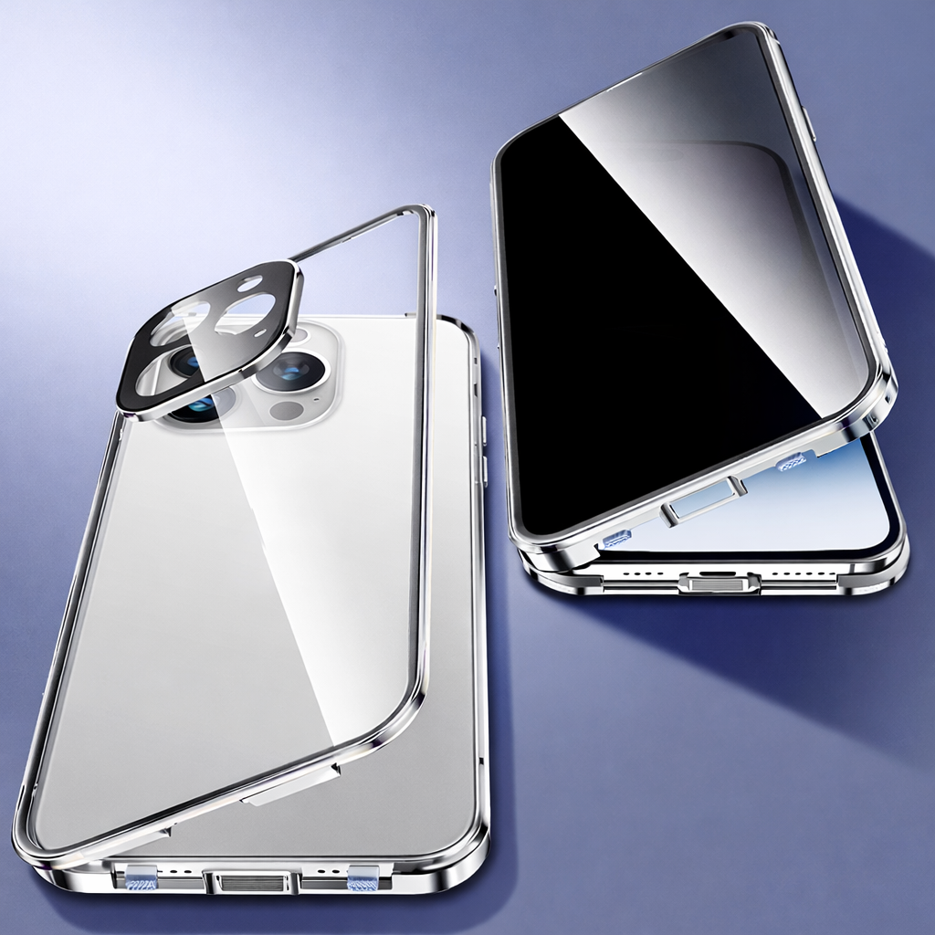 PHAEVOX™ PrivacyShield Case — Anti-Peep Double-Sided Glass iPhone Case with Metal Frame | iPhone 13–15