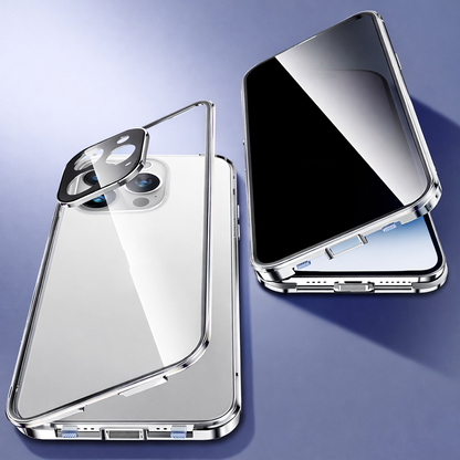 PHAEVOX™ PrivacyShield Case — Anti-Peep Double-Sided Glass iPhone Case with Metal Frame | iPhone 13–15